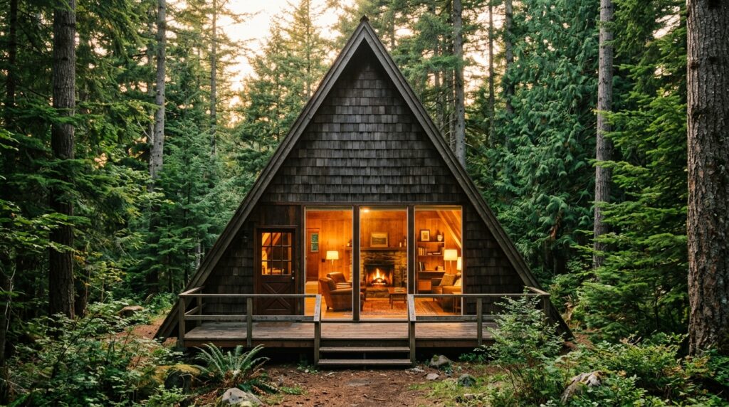 A-frame cabin in a forest with large glass front wall and warm interior lighting