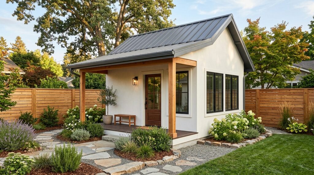 Backyard studio ADU with white stucco walls and covered front porch