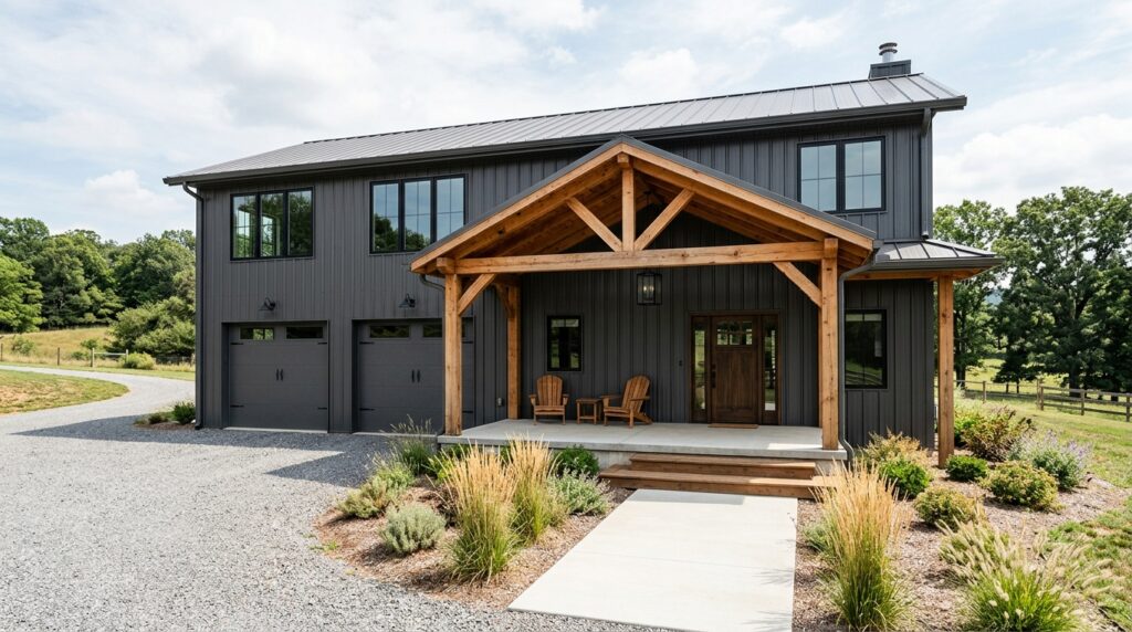 Modern barndominium with charcoal gray siding and covered porch