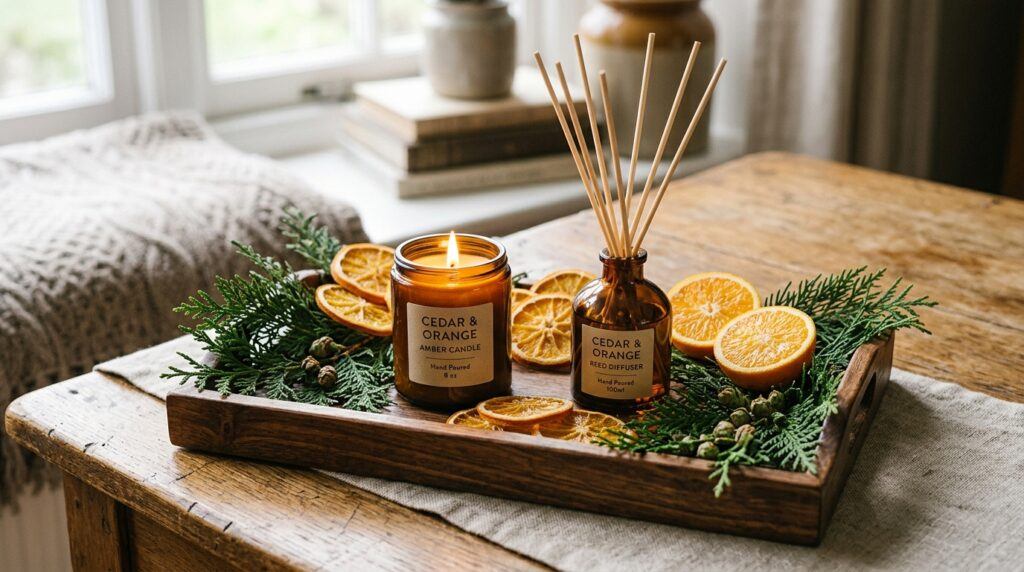An amber candle and reed diffuser sit on a wooden tray with orange slices and cedar branches