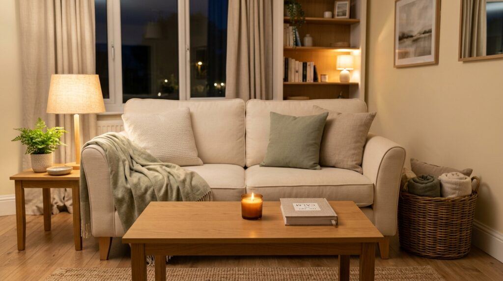 A tidy living room after a five-minute reset shows a clear coffee table with a candle, folded throw, and nearby basket for a cluttered living room routine.