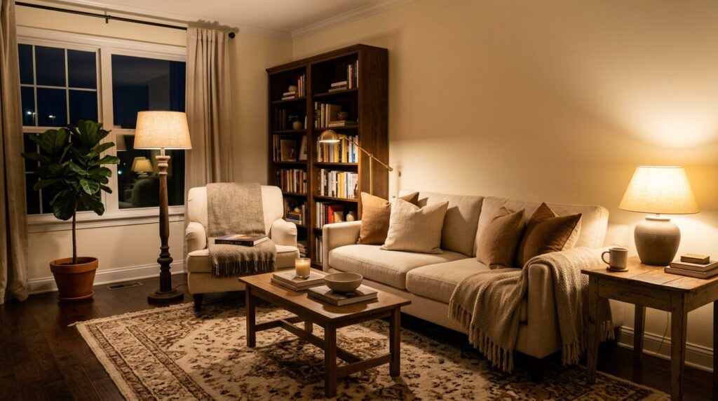 Warm lamps at different heights glow over a linen sofa and wool blanket in a cozy living room arranged for conversation and rest.

