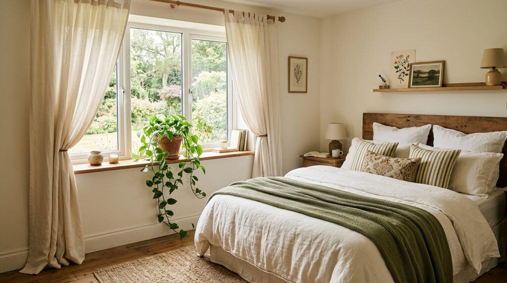 Cream curtains frame a cozy bed with layered bedding and a trailing windowsill plant