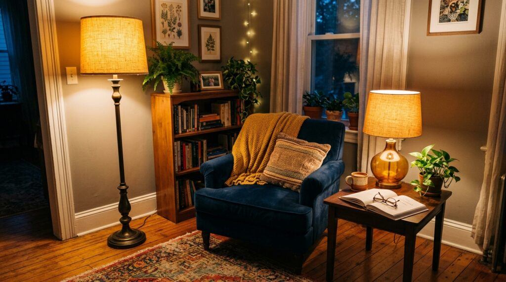 Amber floor lamp and table lamp brighten a cozy apartment corner