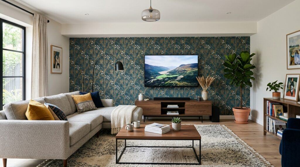 Contemporary living room featuring a TV, sofa, and decorative wallpaper accent wall