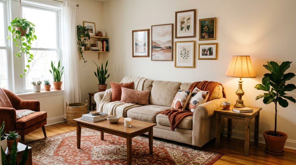 Cozy rental living room with a beige sofa, terracotta rug, warm lamp, plants, and framed art