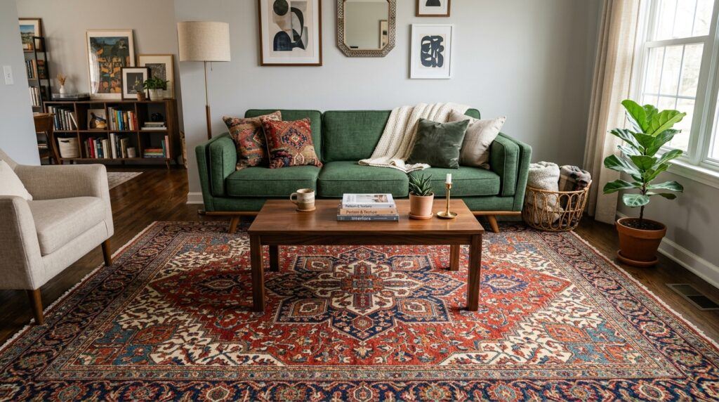 A large patterned rug anchors a living room with a sofa and coffee table