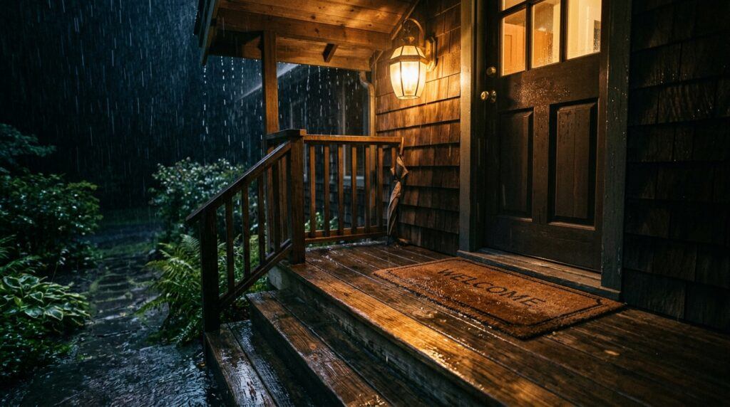 A glowing porch light shines on a wet doormat and wooden steps in the rain.