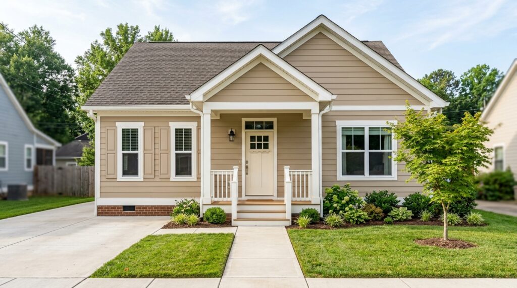Three-bedroom small home with beige siding and covered front porch