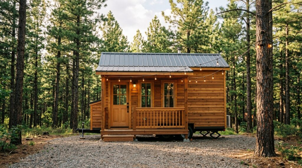  Tiny house on wheels with cedar siding parked among pine trees