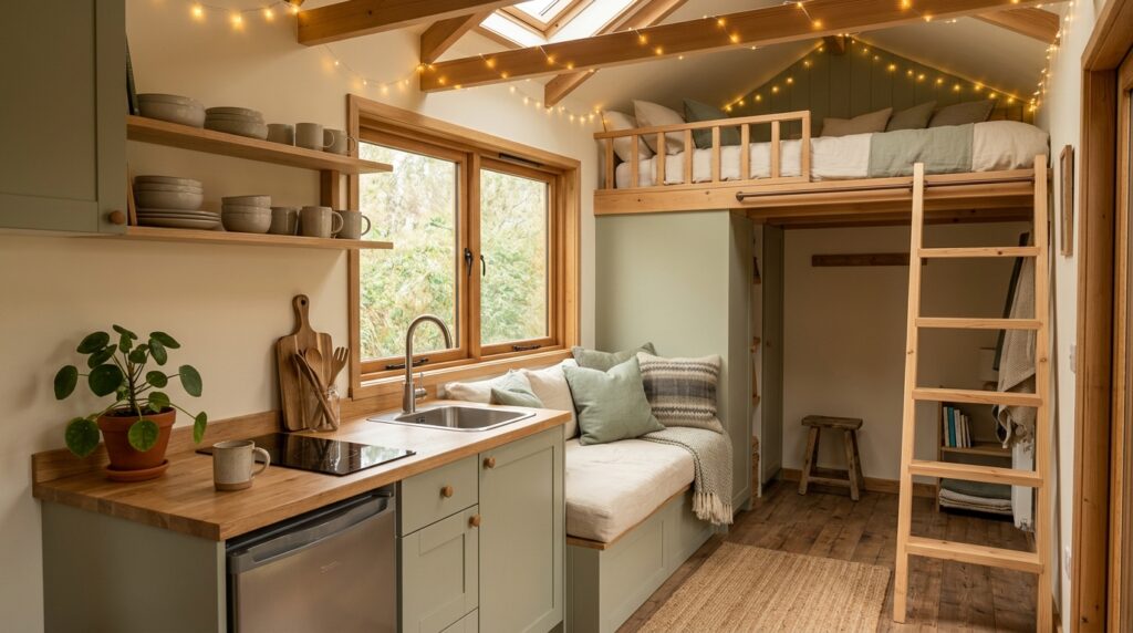 Micro studio tiny house interior with kitchenette and sleeping loft