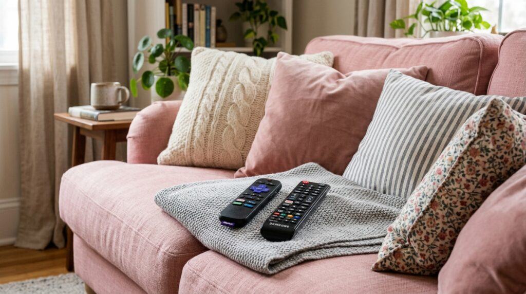 Cozy sofa surrounded by soft pillows and warm textiles in a living room