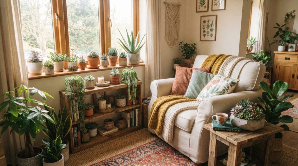 Cozy living room reading nook with a cream armchair, knit throws, and pillows surrounded by potted succulents and houseplants on a sunny windowsill and wooden shelving unit