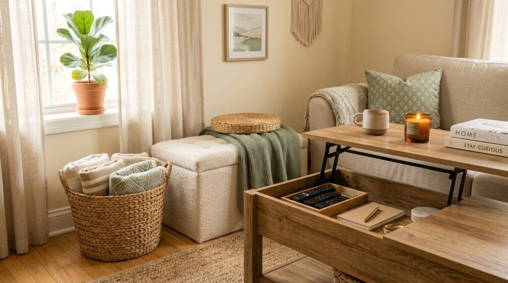 A seagrass basket and open coffee table provide storage beside a cream ottoman in a cluttered living room reset.

