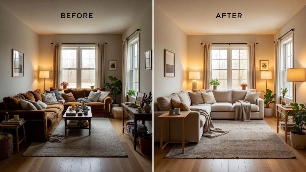Split view of a crowded dim living room and its brighter, more comfortable redesign