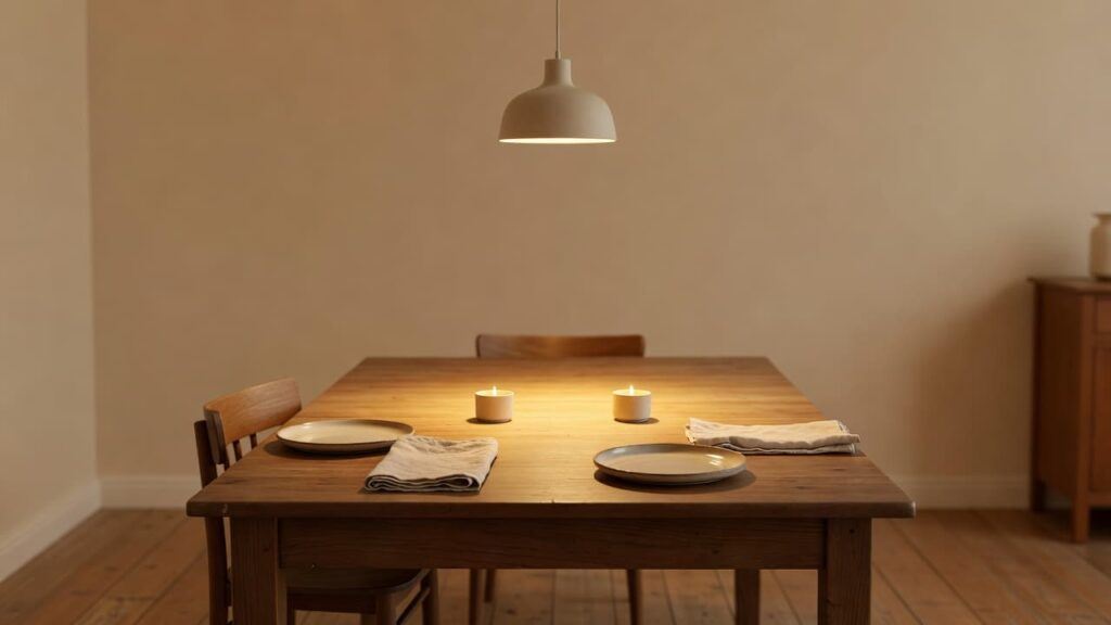 Cozy dining room with warm pendant light over a wooden table set with linen napkins, ceramic plates, and candles