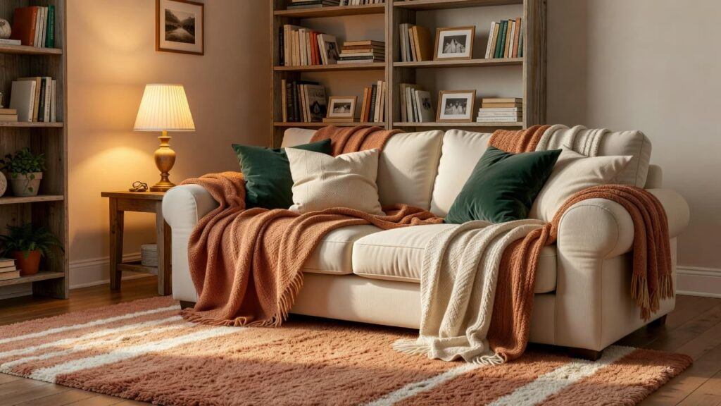 A cozy living room corner with a warm lamp, layered blankets and pillows on a sofa, plush rug, and bookshelf with books and framed photos