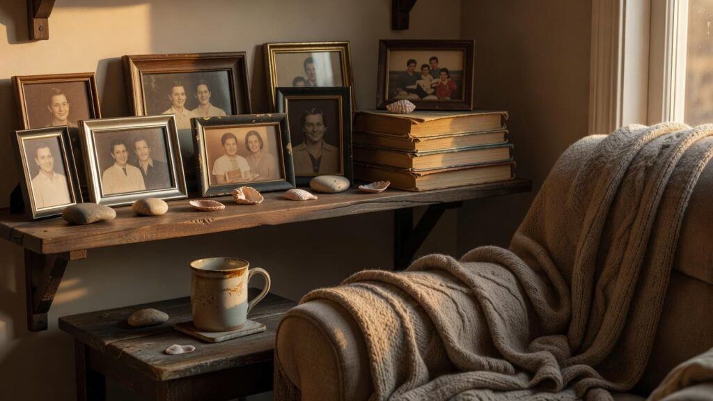 A cozy shelf and table with family photos, books, shells, and a knitted blanket.