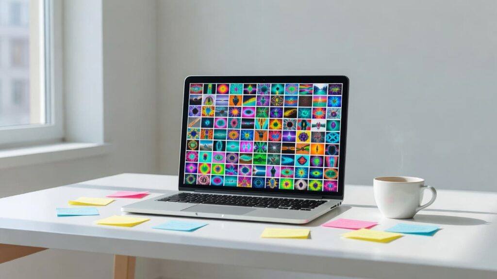 Laptop showing colorful images on a white desk with notes and coffee.