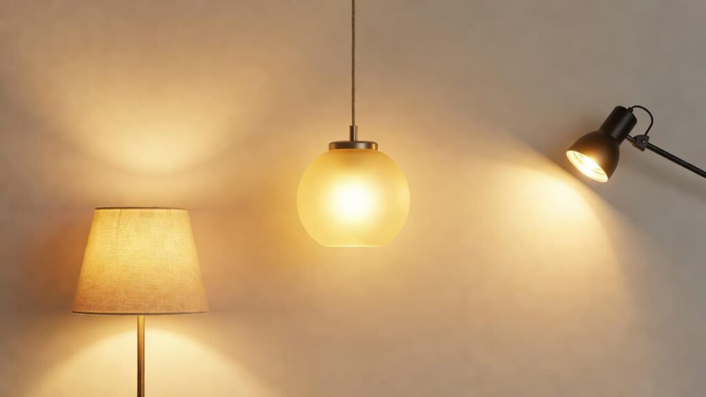 Warm white LED bulbs in a fabric-shaded table lamp, frosted pendant, and picture light casting golden glow on a cream wall