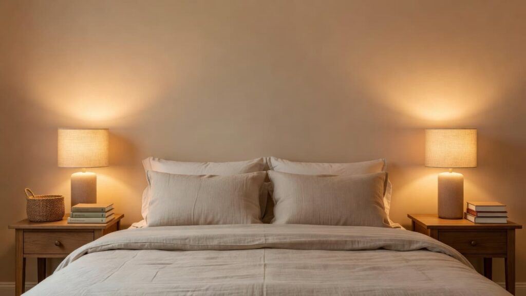 Cozy bedroom with two matching bedside lamps with linen shades casting warm glow on each side of a made bed with neutral bedding