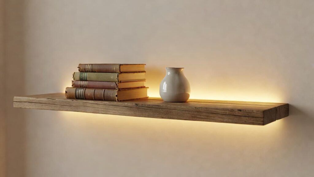 Wooden shelf with concealed LED light strip casting warm indirect glow on books and a ceramic vase