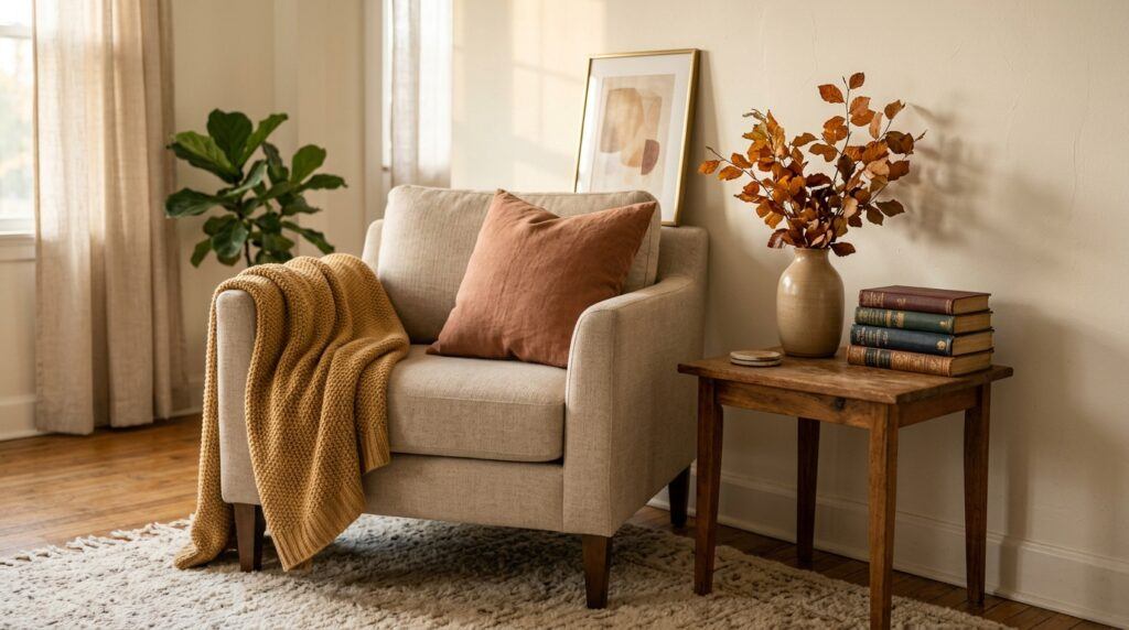 How to add color to a timeless living room by changing pillow covers, a throw blanket, flowers, art, and small decor.