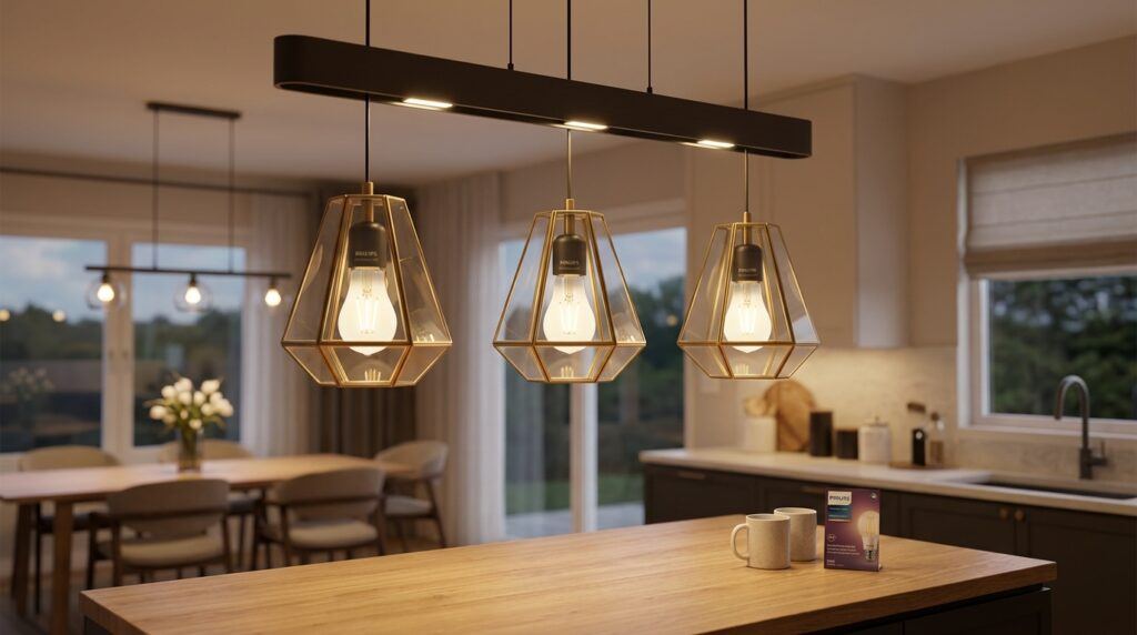 Philips A19 soft white LED light bulbs create a warm glow in a cozy kitchen and dining space.