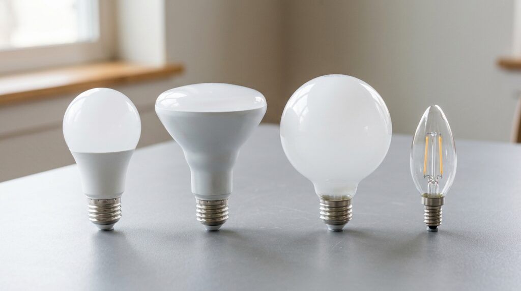 Common LED bulb shapes including A19, BR30, globe, and candle bulbs