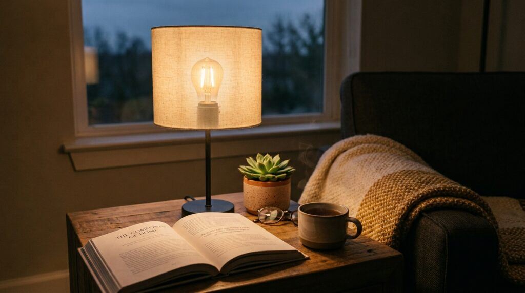 Warm white LED bulb glowing in a cozy table lamp beside a book and soft blanket