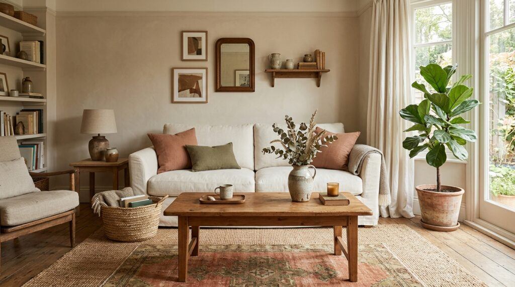 How to add color to a timeless living room with cream seating, terracotta pillows, olive green accents, woven decor, and warm wood.