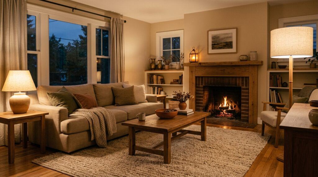 How to add color to a timeless living room with warm layered lighting, olive pillows, terracotta decor, and soft evening shadows.