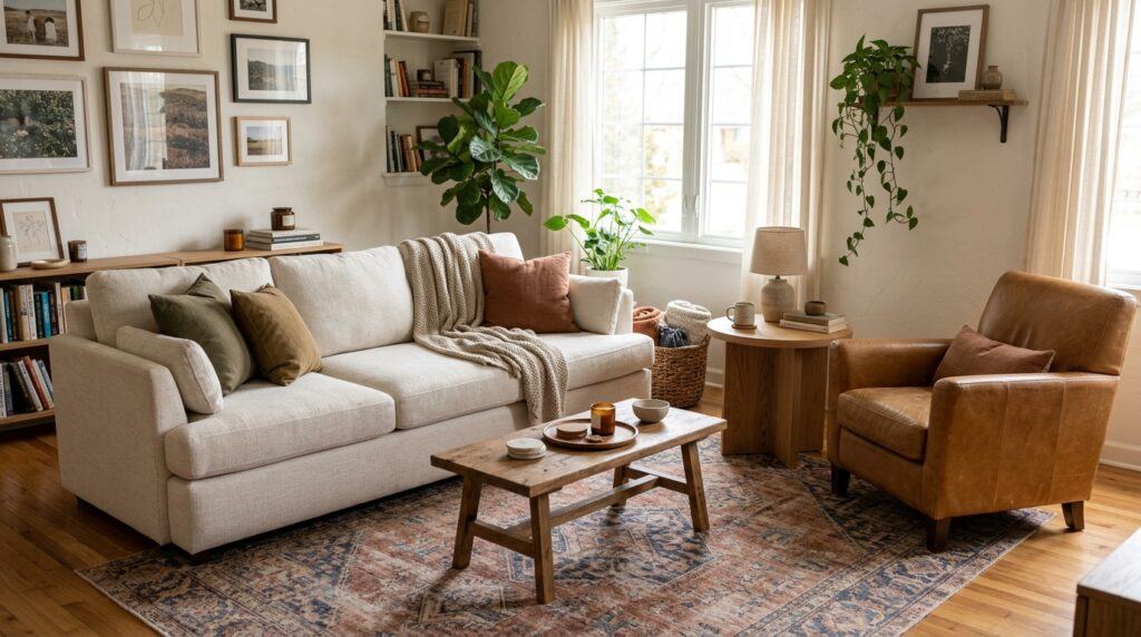 A living room seating area with a sofa, armchair, rug, and side table.