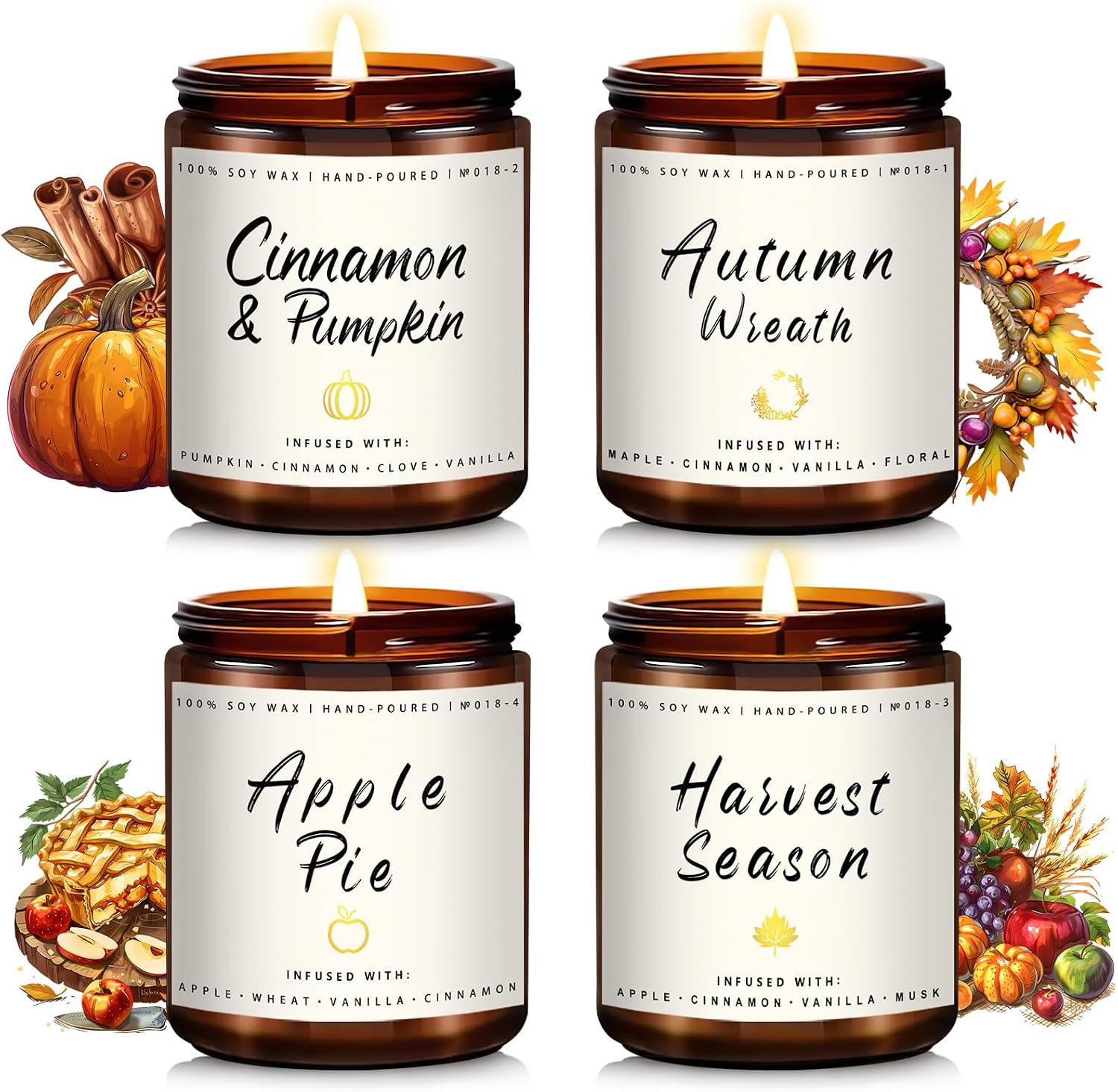 Four-pack of fall scented candles for creating a cozy autumn atmosphere at home