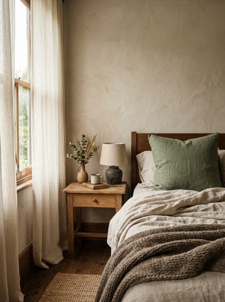 Bedroom corner with linen curtains, earthy colors, wood, stone, and soft natural daylight.