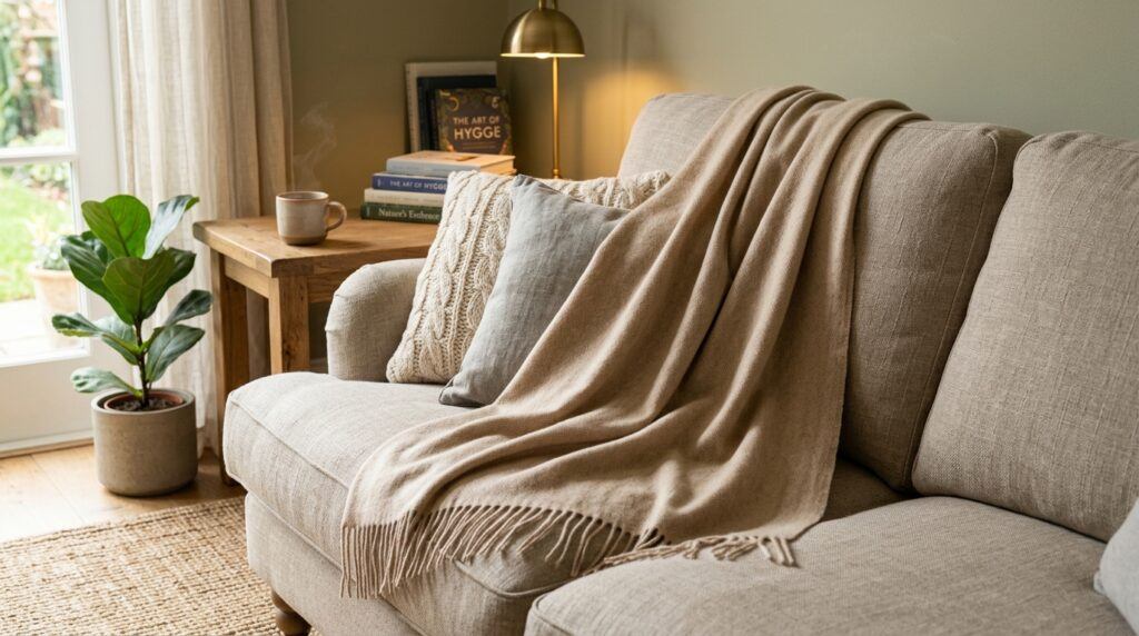 Soft cashmere blanket draped over a comfortable sofa in a warm, sunny living room.