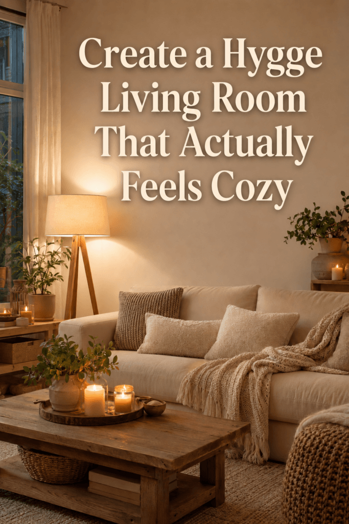 Pinterest graphic showing a cozy hygge living room with a cream sofa, warm lamp light, candles, plants, layered throws, and the headline “Create a Hygge Living Room That Actually Feels Cozy.”