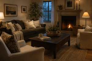 Cozy lived-in living room with layered seating, warm lamps, a textured area rug, and a glowing fireplace.