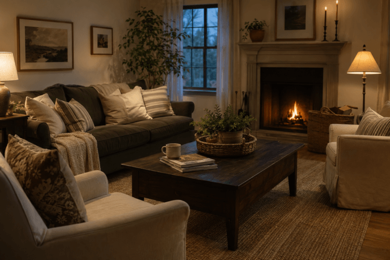 Cozy lived-in living room with layered seating, warm lamps, a textured area rug, and a glowing fireplace.