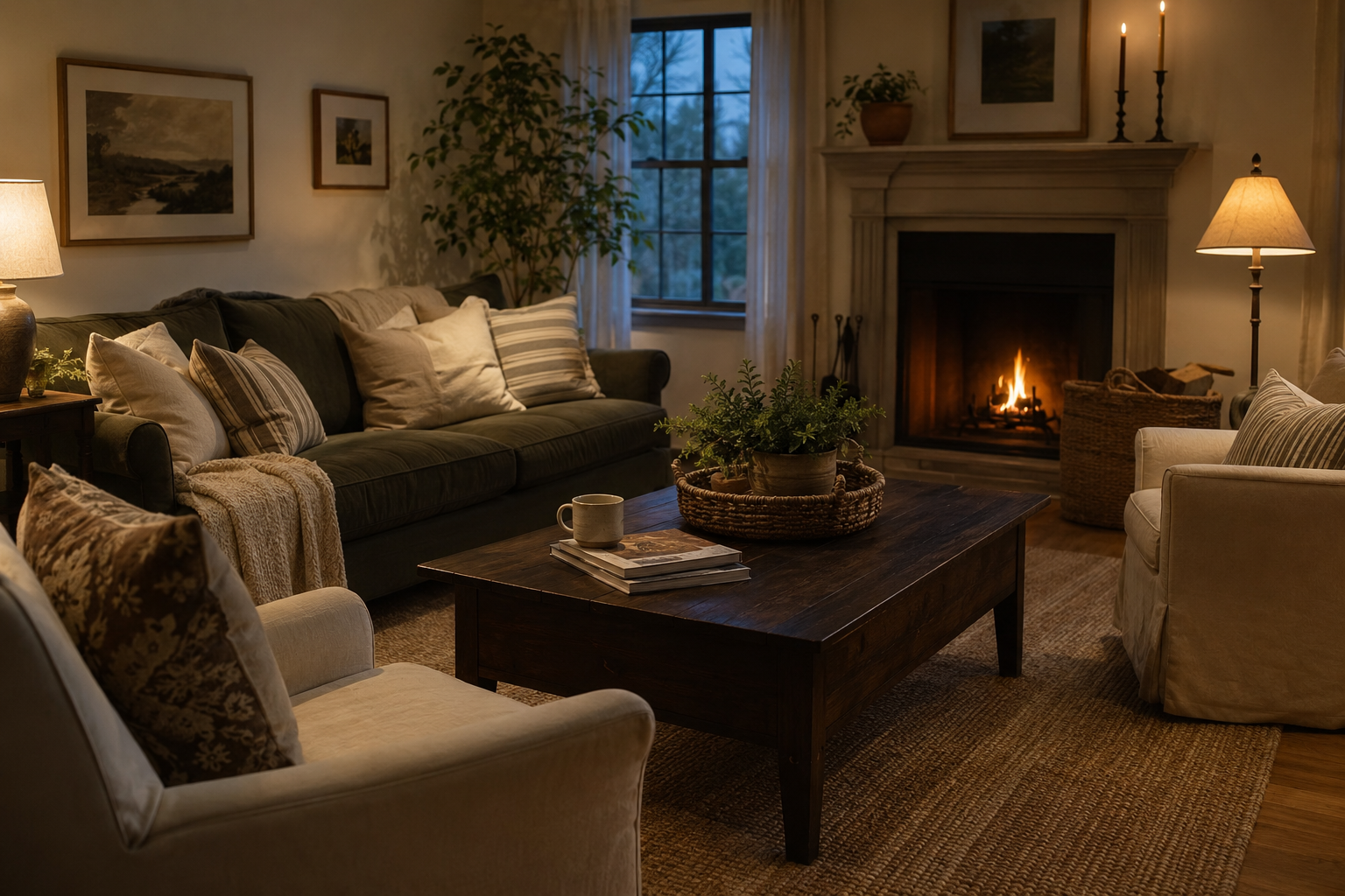 Cozy lived-in living room with layered seating, warm lamps, a textured area rug, and a glowing fireplace.