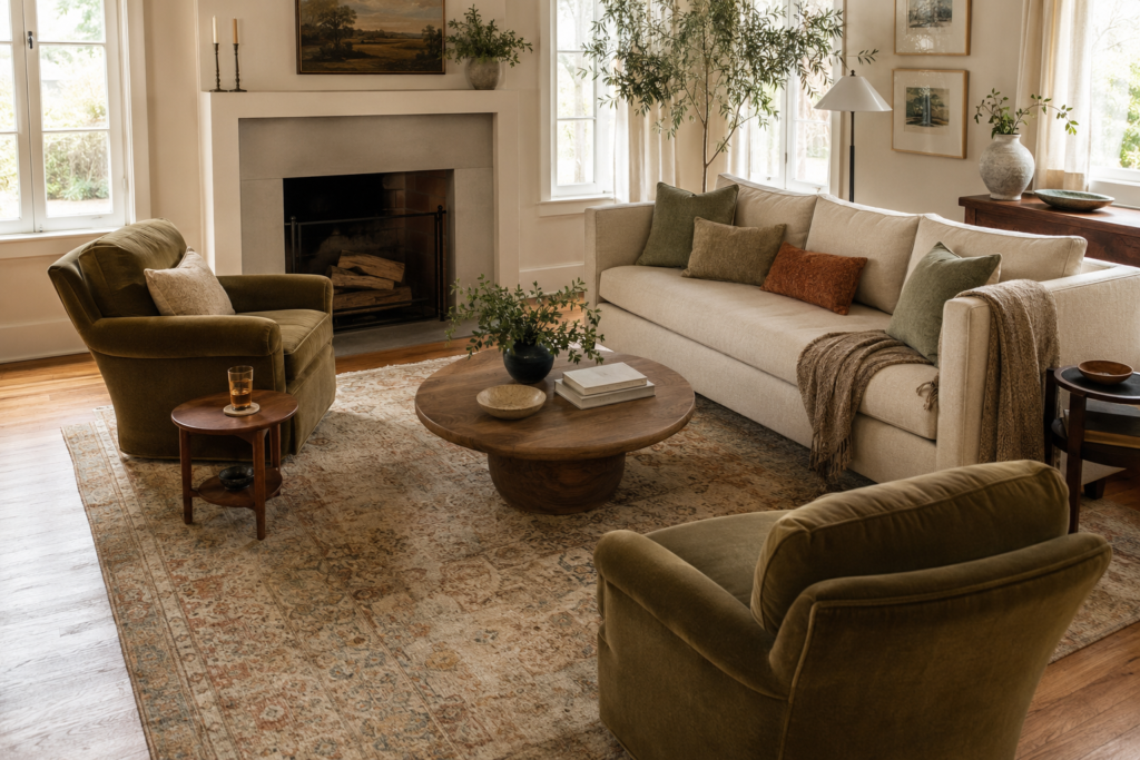 Cozy living room conversation area with a sofa, two armchairs, round coffee table, and large area rug.