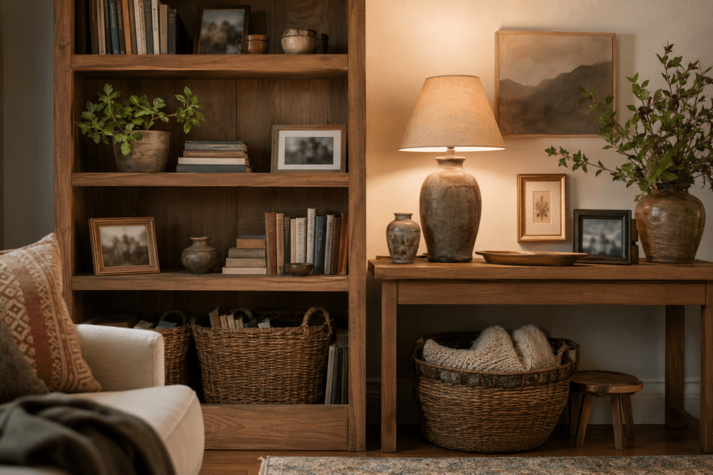 Warm living room bookshelf and console decorated with books, pottery, family photographs, plants, and woven storage baskets.