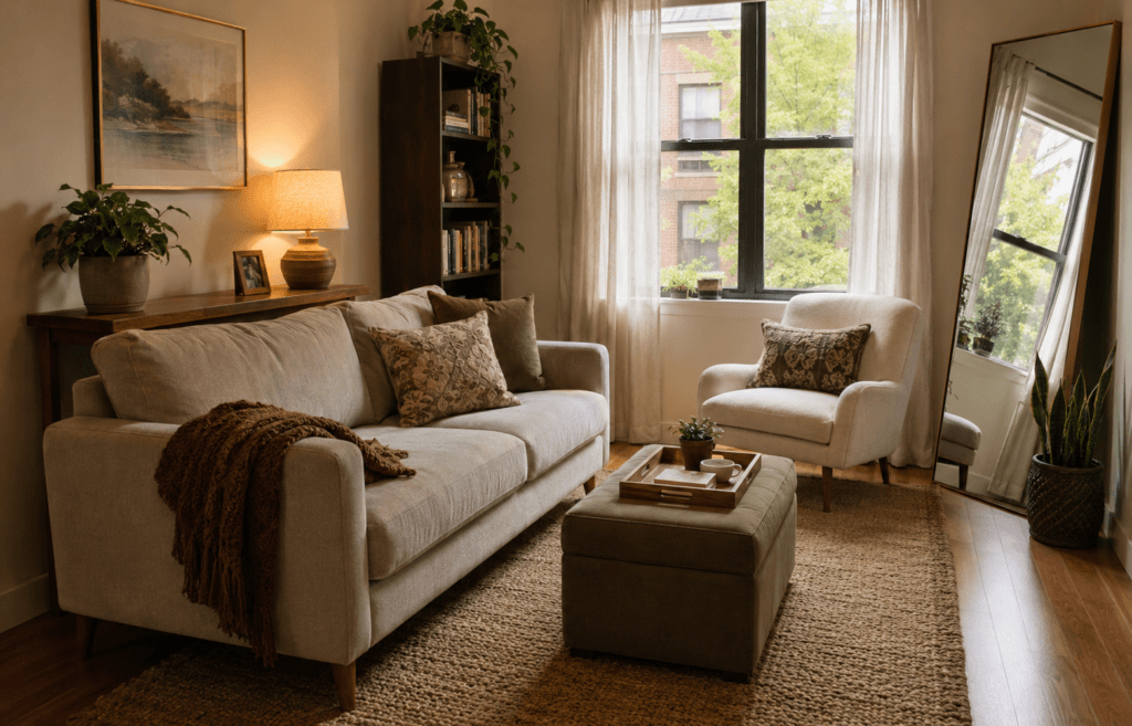 Small cozy living room with clear walkways, raised furniture, hidden storage, and warm natural light.