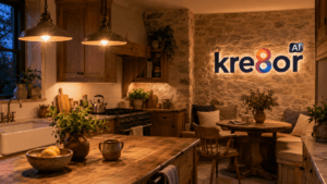 Kre8or AI logo illuminated on a stone wall inside a warmly lit cozy cottage kitchen with wood cabinets and a breakfast nook.