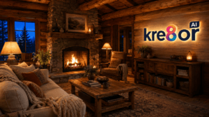 Kre8or AI logo displayed in a warmly illuminated cozy log cabin living room with a stone fireplace.