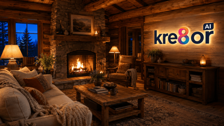 Kre8or AI logo displayed in a warmly illuminated cozy log cabin living room with a stone fireplace.