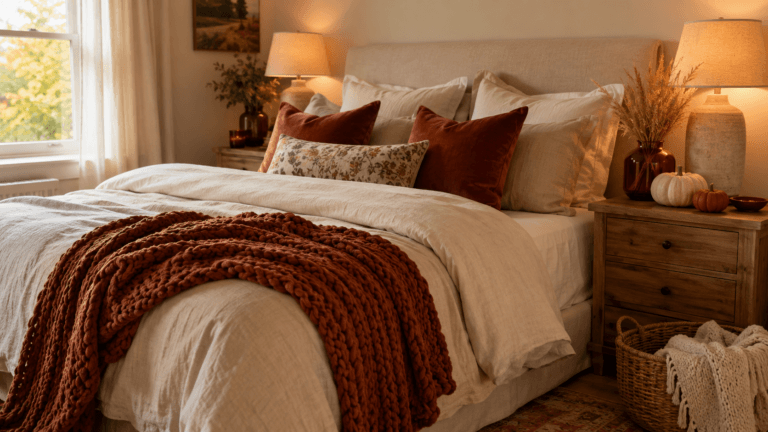 Cozy autumn bedroom with layered neutral bedding, rust-colored pillows, a chunky throw, warm bedside lighting, and subtle seasonal decorations