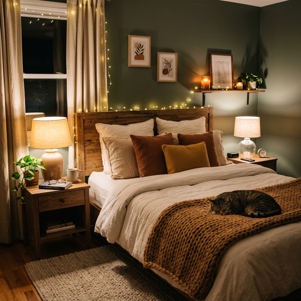 Cozy bedroom with layered bedding and soft ambient lighting