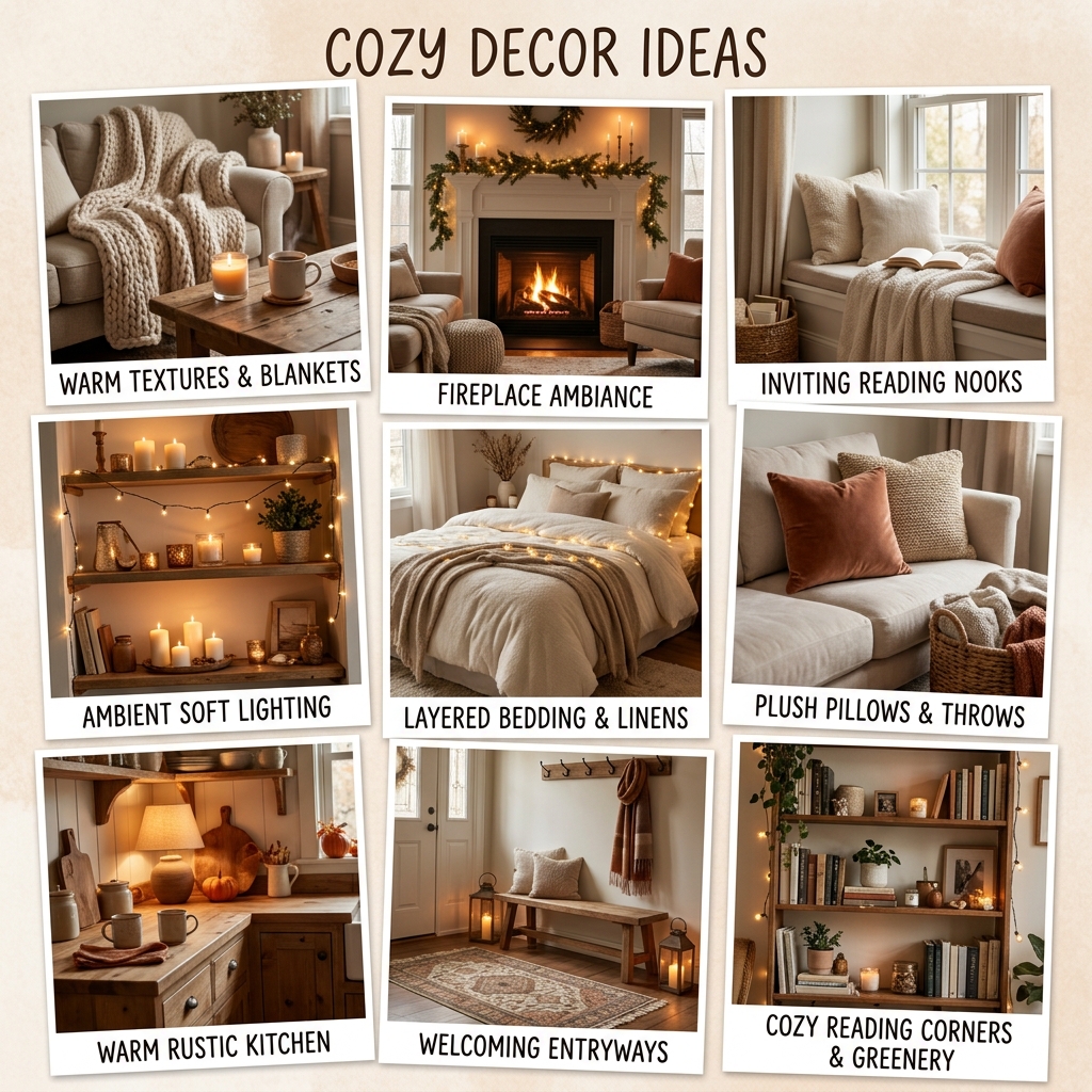 Collage of cozy home decor ideas with warm textures and inviting details