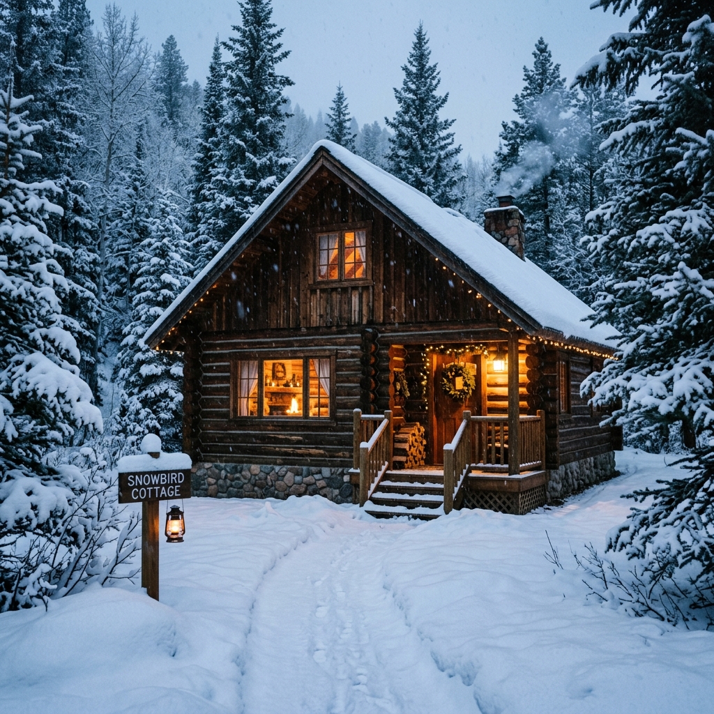 Warm cozy cabin surrounded by snow in a peaceful winter landscape